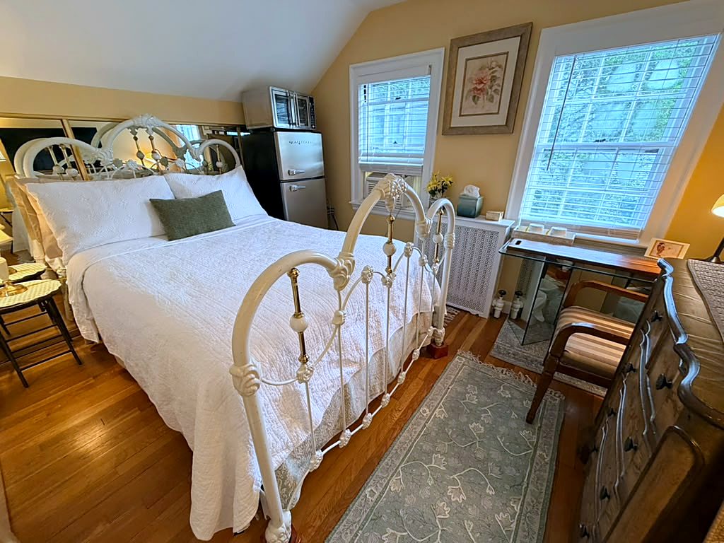 The Royalty Room's desk, personal refrigerator and freezer at Wellesley Boutique Inn, Wellesley, Massachusetts